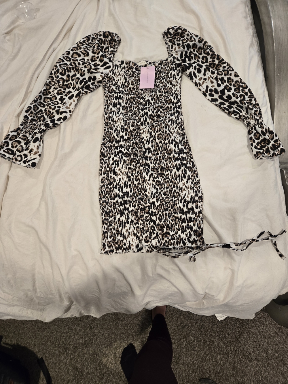 Leopard-Print Puff Sleeve Mini Dress in White and Brown